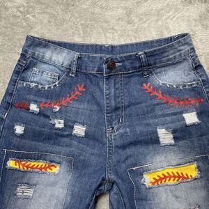 Fashion Jeans Women's 29x28 Straight Distressed Patches Embroidery Avant Garde
